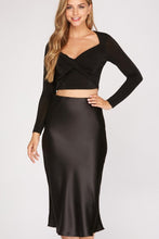 Load image into Gallery viewer, Elegant Sleek Black Satin High Waist A-Line Flared Midi Skirt