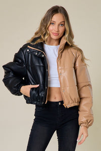 Lexie Tan/Black Two Toned Water Resistant Leather Bomber Jacket
