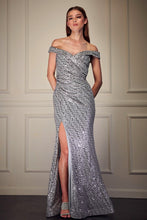 Load image into Gallery viewer, Enchanted Silver Sequin Sweetheart Off Shoulder High Side Slit Dress