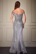 Load image into Gallery viewer, Enchanted Silver Sequin Sweetheart Off Shoulder High Side Slit Dress