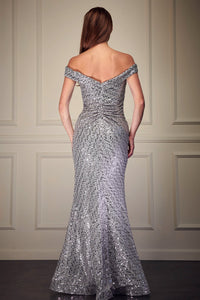 Enchanted Silver Sequin Sweetheart Off Shoulder High Side Slit Dress