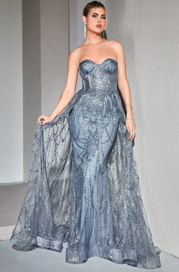 Enchanted Smoky Blue Strapless Lace Fitted Gown with Over Skirt