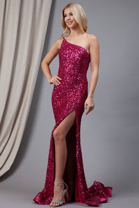Dreamy Hot Pink Multi Sequin One Shoulder with Side Slit Dress