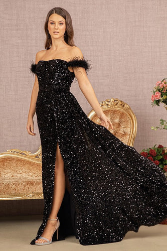 Black Velvet Feathers Sequin Strapless Mermaid Dress