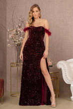 Load image into Gallery viewer, Burgundy Red Velvet Feathers Sequin Strapless Mermaid Dress