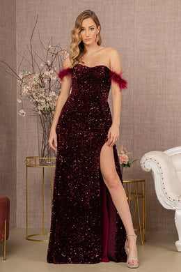 Burgundy Red Velvet Feathers Sequin Strapless Mermaid Dress