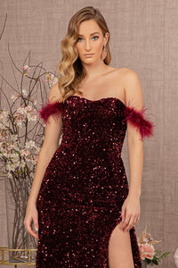 Burgundy Red Velvet Feathers Sequin Strapless Mermaid Dress