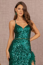 Load image into Gallery viewer, Emerald Jewel Beaded Sequin Mesh Mermaid Dress w/ Ruffle Slit