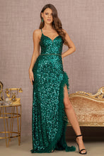 Load image into Gallery viewer, Emerald Jewel Beaded Sequin Mesh Mermaid Dress w/ Ruffle Slit