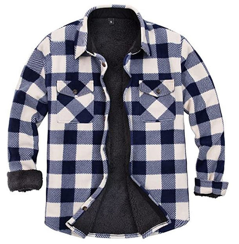 Men's Navy Plaid Warm Sherpa Lined Fleece Jacket