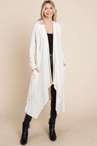 White Cream Knit Drape Long Sleeve Ruffled Duster Cardigan