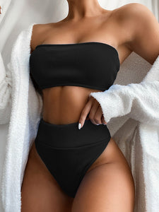 Ribbed Bandeau Black High Waist Strapless Two Piece Swimsuit