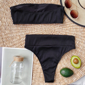 Ribbed Bandeau Black High Waist Strapless Two Piece Swimsuit