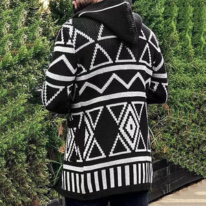 Men's Black Tribal Print Hooded Knitwear Black Cardigan Jacket