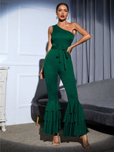 Load image into Gallery viewer, One Shoulder Green Ruffle Layered Wide Leg Jumpsuit
