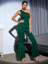 Load image into Gallery viewer, One Shoulder Green Ruffle Layered Wide Leg Jumpsuit