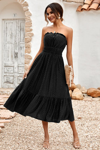 Smocked Black Strapless Ruffled Maxi Dress