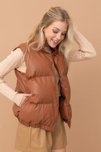 High Neck Camel Vegan Leather Puffer Jacket Vest