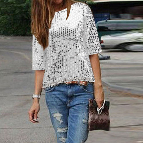 Sparkling Silver Sequin Short Sleeve Top-S/M