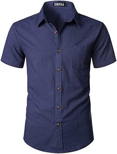 Men's Light Blue Linen Button Up Short Sleeve Shirt
