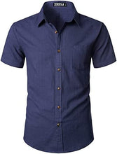 Load image into Gallery viewer, Men&#39;s Navy Blue Linen Button Up Short Sleeve Shirt