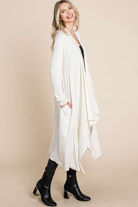 White Cream Knit Drape Long Sleeve Ruffled Duster Cardigan