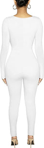 Glamorous White Plunge V-Neck Bodycon Long Sleeve Jumpsuit
