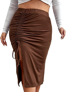Plus Size Brown Ruched Elastic Midi Skirt