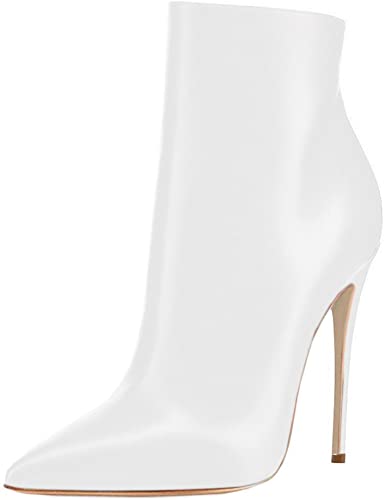 White Leather Zipper Stiletto Heel Boots