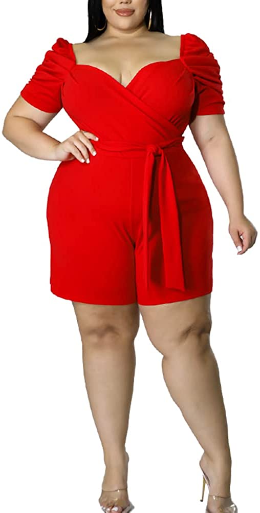 Plus Size Red Puff Sleeve Off Shoulder Jumpsuit