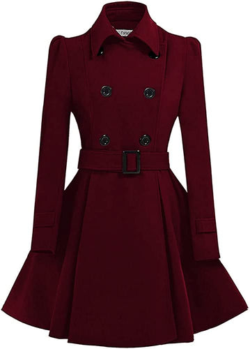 Margarette Wine Red Wool Swing Double Breasted Pea Coat