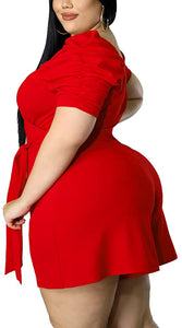 Plus Size Red Puff Sleeve Off Shoulder Jumpsuit