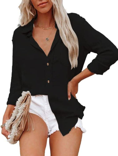 Black Bamboo Cotton Long Sleeve Button Down Blouse