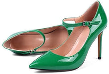 Load image into Gallery viewer, Pointy Toe Patent Green Print Ankle Strap Stiletto Shoes