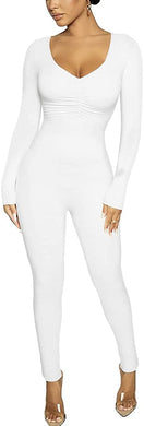 Glamorous White Plunge V-Neck Bodycon Long Sleeve Jumpsuit