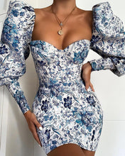 Load image into Gallery viewer, Blue Floral Puff Sleeve Long Sleeve Dress