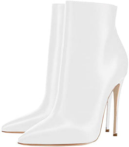 White Leather Zipper Stiletto Heel Boots
