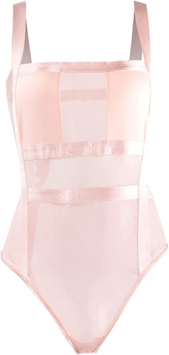 Elegant Pink Sheer Mesh Sleeveless Leotard Bodysuit