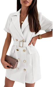 Short Sleeve White Loose Fit Belted Blazer Dress