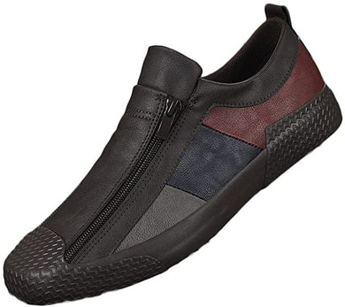 Men's Casual Black/Red Leather Flat Zipper Sneaker Shoes