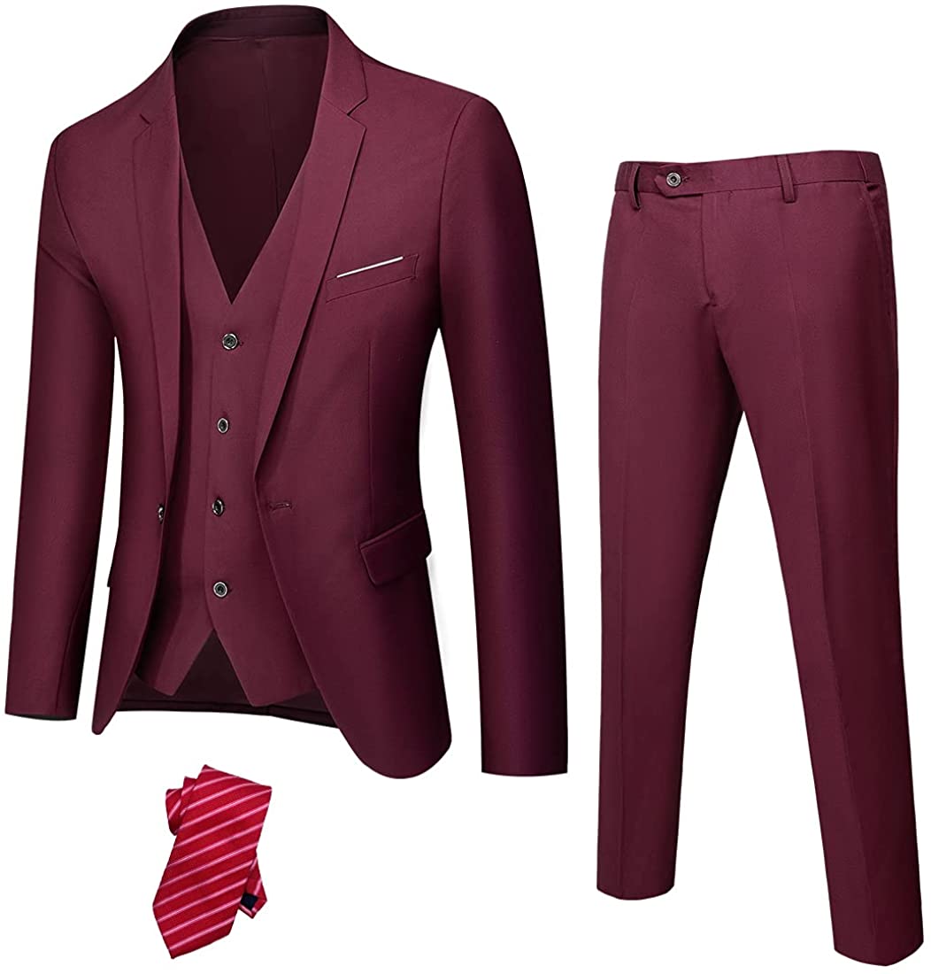 Men's Luxury Tuxedo Style Burgundy Red One Button 3-Piece Formal Suit