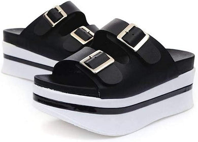 Vegan Leathers Black Slip On Chunky Platform Sandals