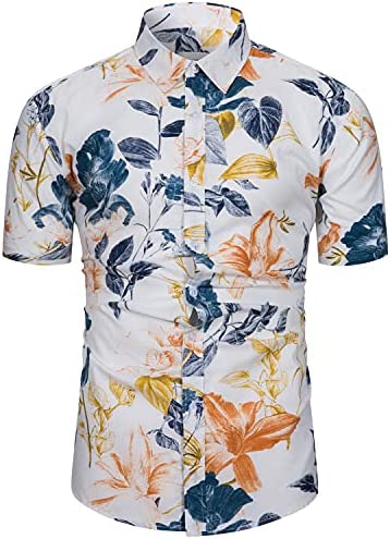 Men's Hawaiian White Floral Button Up Short Sleeve Shirt