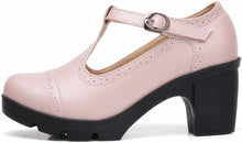 Load image into Gallery viewer, Square Toe Light Pink Leather Classic T-Strap Dress Pump Shoes