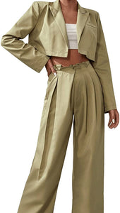 Island Olive Green 2pc Open Front Crop Blazer and Plicated Tailored Pants