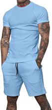 Load image into Gallery viewer, Men&#39;s Black Cotton Drawstring Casual Short Sleeve Shorts Set