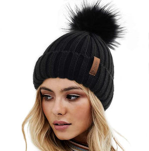 Winter Black Knit Pom Pom Faux Fur Beanie Hat