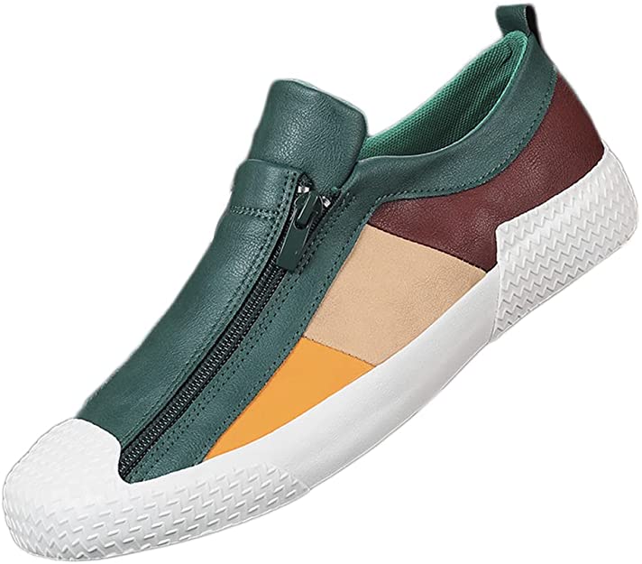 Men's Casual Green/Brown Leather Flat Zipper Sneaker Shoes