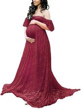 Load image into Gallery viewer, Sweetheart Wine Red Lace Off Shoulder Maternity Maxi Dress