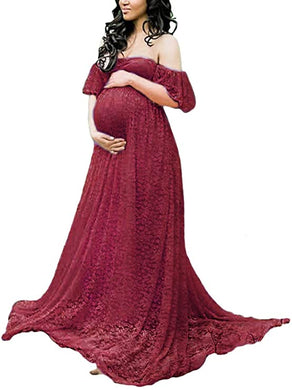 Sweetheart Wine Red Lace Off Shoulder Maternity Maxi Dress